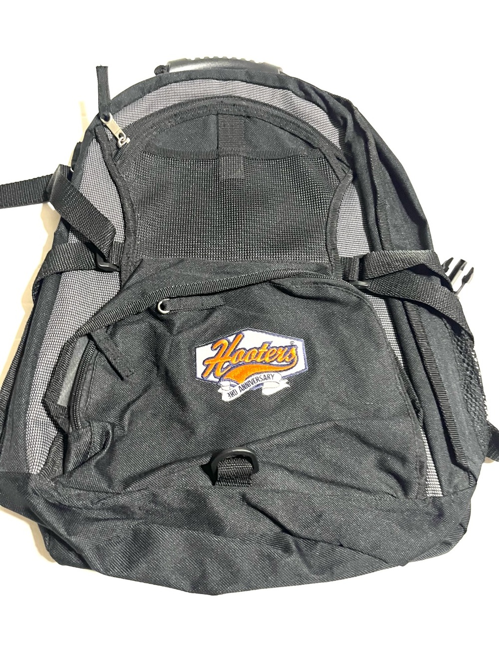 Hooters Black Gray Backpack with Orange Logo Patch
